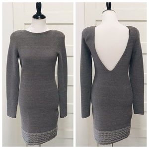 Moda International Taupe/Silver Shimmer Ribbed Long Sleeve V Back Cocktail Dress